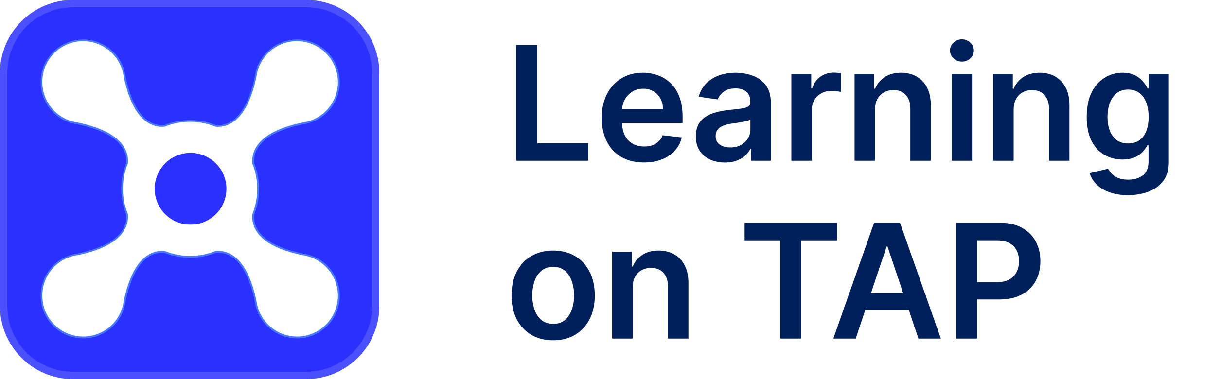 On the left is a blue rounded square containing a white abstract shape with a central circle and four rounded, outward-extending arms. To the right, the text 'Learning' is stacked above 'on TAP' in a matching dark blue color.