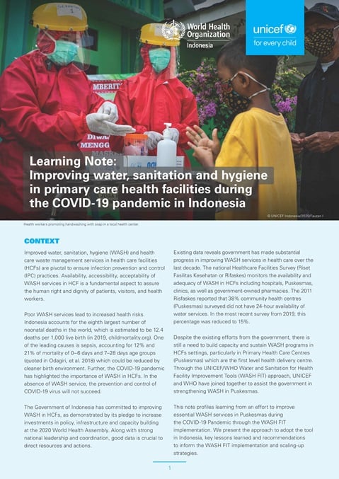 Learning Note:
Improving water, sanitation and hygiene
in primary care health facilities during
the COVID-19 pandemic in Indonesia